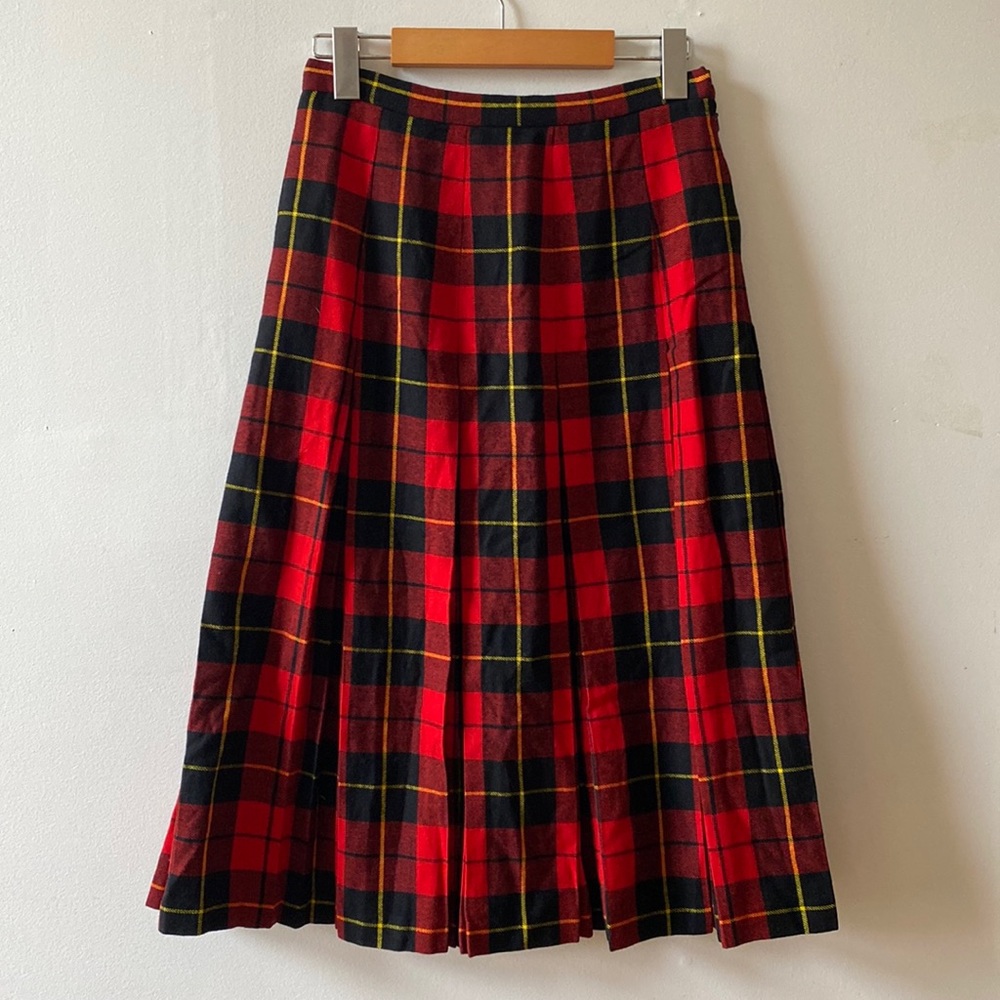 100% WOOL PLAID PLEATED VINTAGE MIDI SKIRT